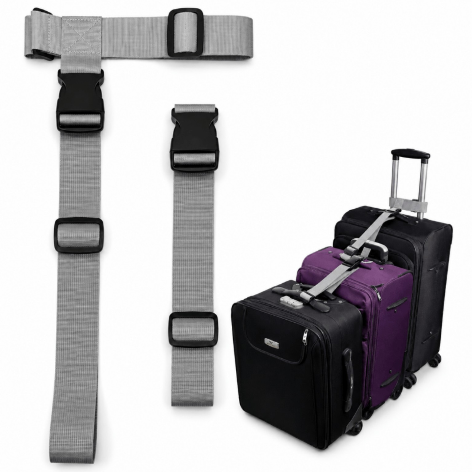 Grey adjustable luggage connector straps securing three suitcases